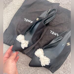 Chanel black satin silk kitten heels